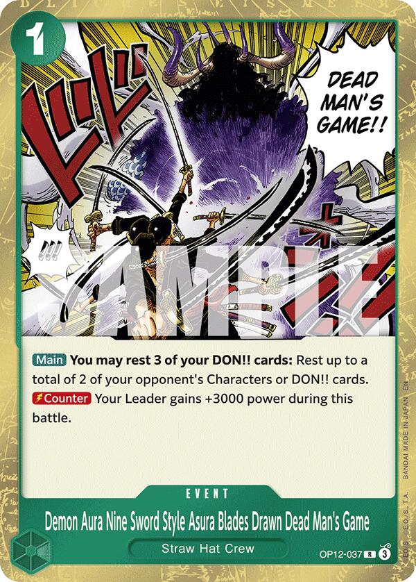 One Piece Card Game: Demon Aura Nine Sword Style Asura Blades Drawn Dead Man's Game card image